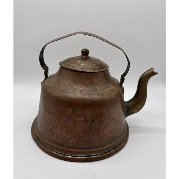 Primitive Farmhouse Copper Tea Kettle With Brass Goose Neck Spout As Is Patina - Picture 1 of 10